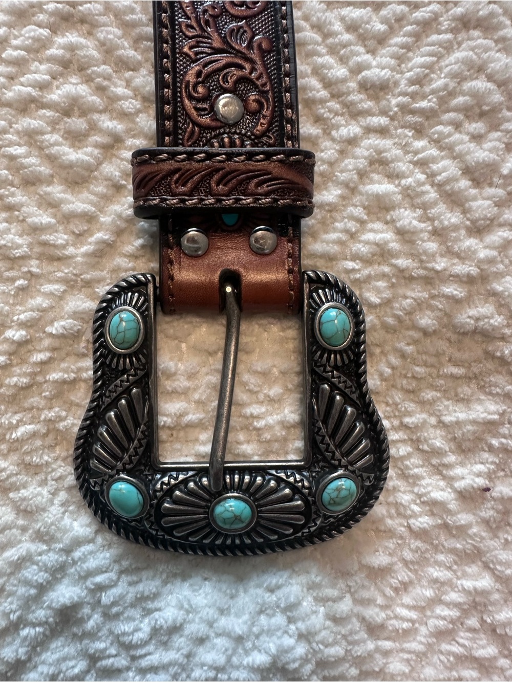 Nocona Brown Leather Belt with Turquoise Accent Concho Buckle